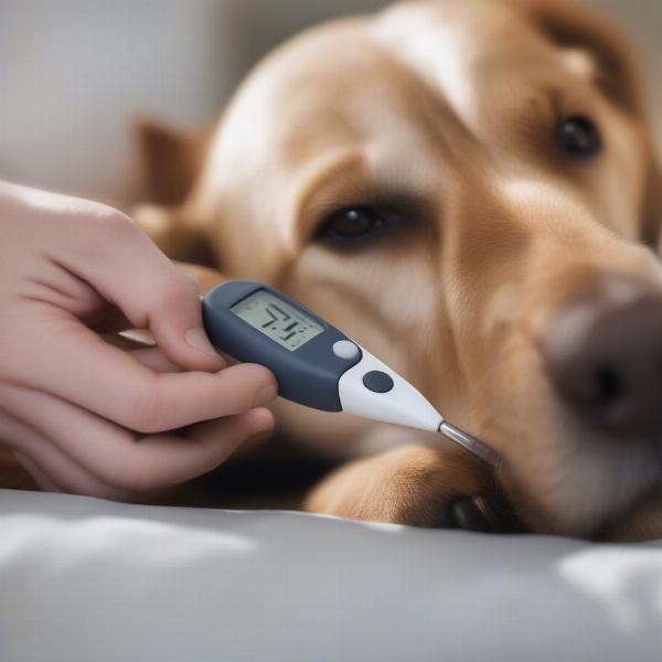 Measuring a dog's temperature with a thermometer