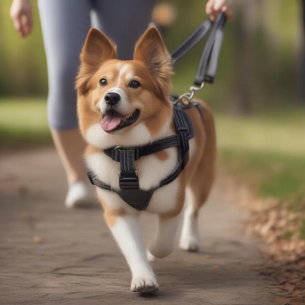 Dog wearing a harness and leash