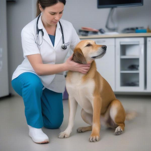 Dog with muscle spasms being examined by a veterinarian