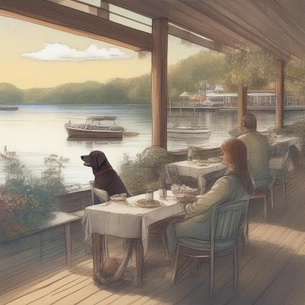 Dog with owner at a lakeside restaurant in Minnesota