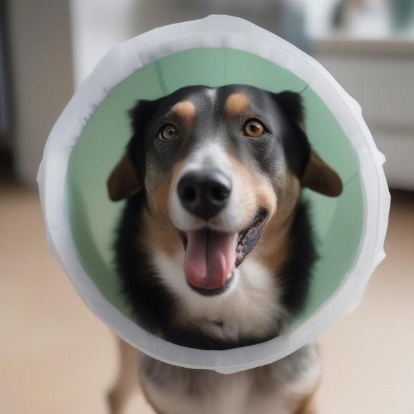 Dog wearing a protective cone