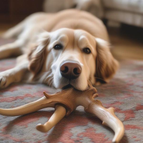 A dog holding a split stag antler in its paws