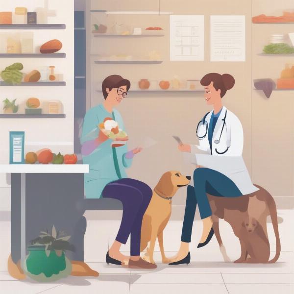 A veterinarian advising a dog owner on proper nutrition.