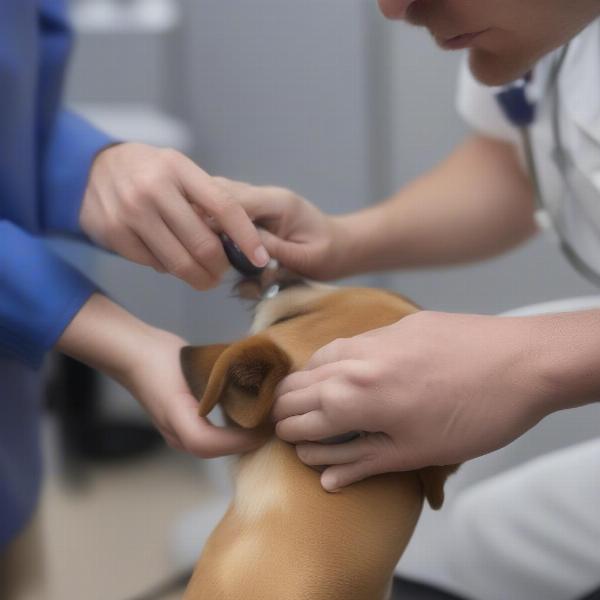 Veterinarian examining a dog's wrist