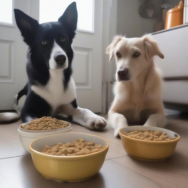 Dogs eating near their crates