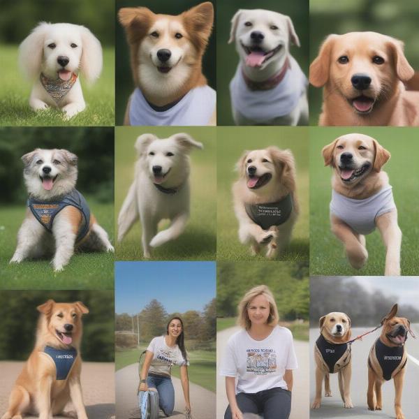 Dogs wearing custom t-shirts in various activities