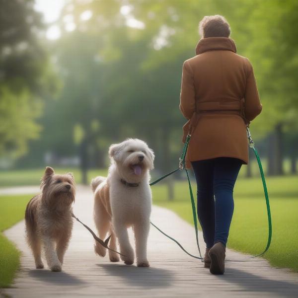 Two dogs walking happily on a double lead in a park