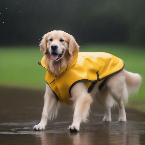 Drizabone dog coat protecting a dog from rain