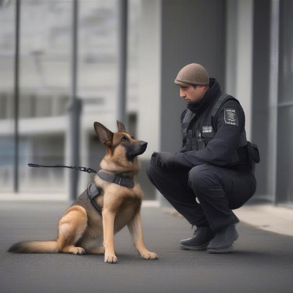 Drug dog alerting its handler