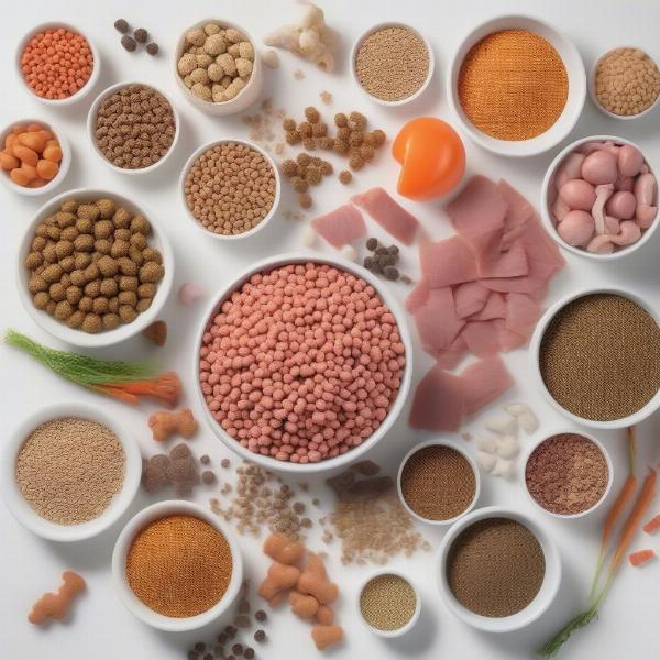 Close-up view of dry dog food ingredients.