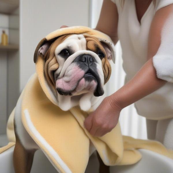 Lau khô chó Bulldog sau khi tắm