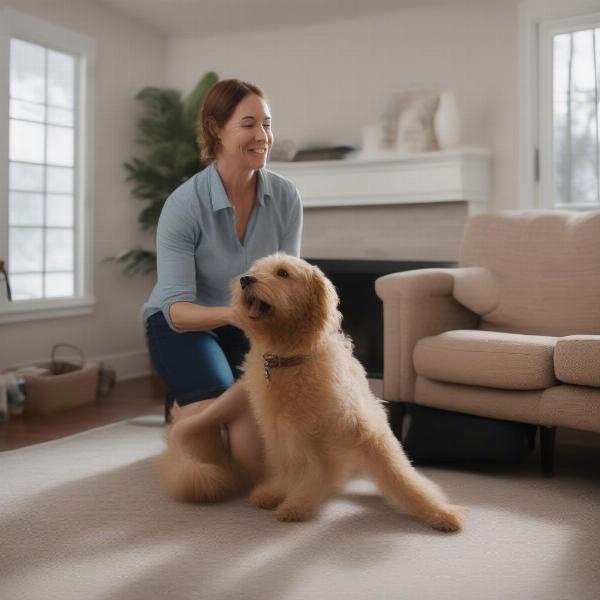 Dog owner practicing commands at home in Duluth