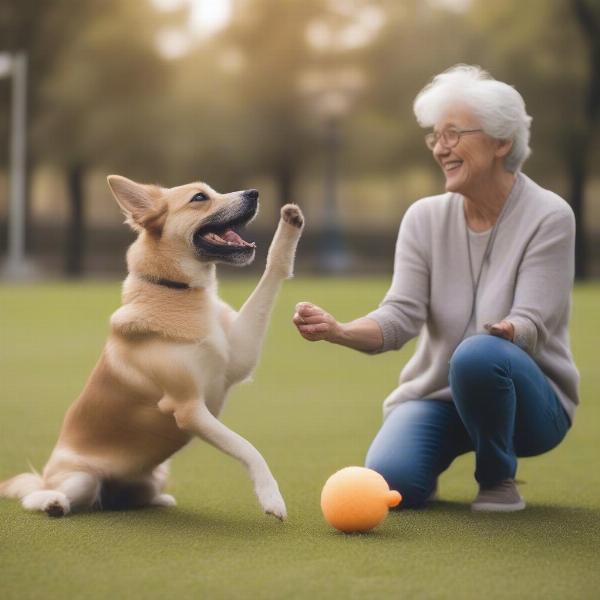 Elderly dog playing in a park