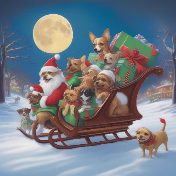 Elf dogs helping Santa load his sleigh