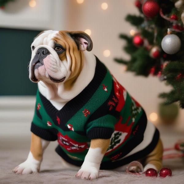 English Bulldog Wearing a Christmas Sweater