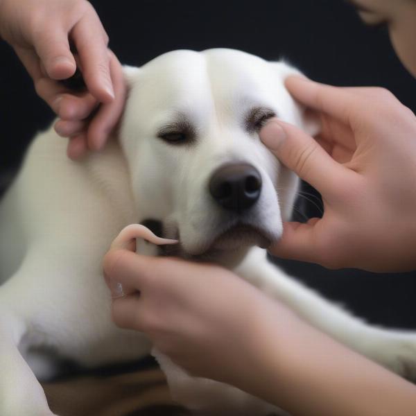 Applying Epiotic Ear Cleaner to a Dog