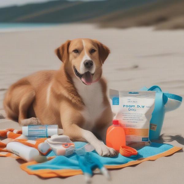 Essential dog beach kit laid out on a towel on Bridlington Beach.