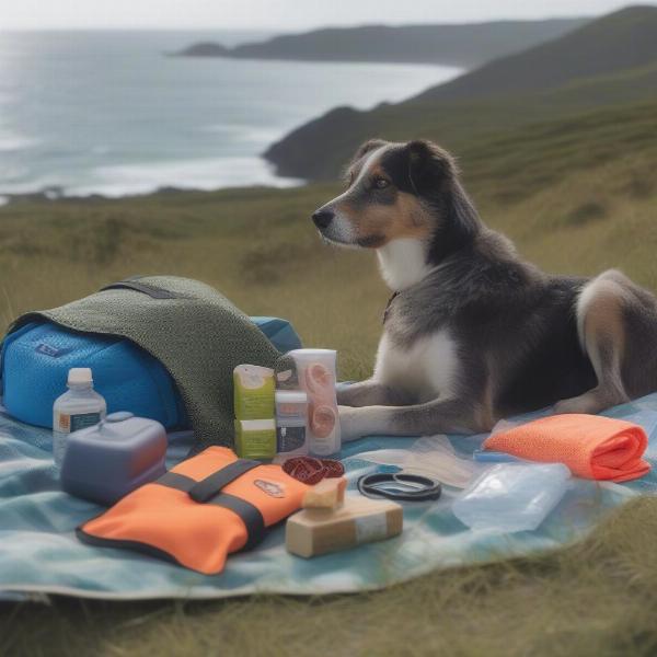 Essential dog camping gear neatly arranged on a picnic blanket at a Great Ocean Road campsite.