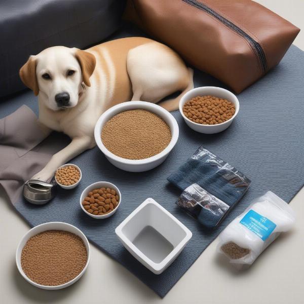 Essential supplies for senior dogs: An image showcasing essential items like an orthopedic bed, senior dog food, and elevated food and water bowls.