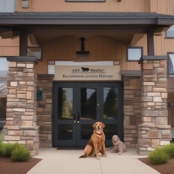 Dog-friendly hotel exterior in Estes Park, showing a welcoming entrance, lush landscaping, and a designated dog walking area.