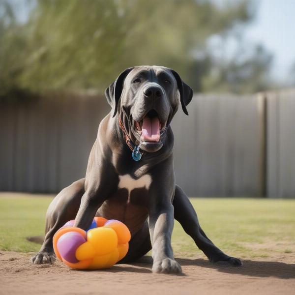 Extra large dog enjoying playtime with a suitable toy