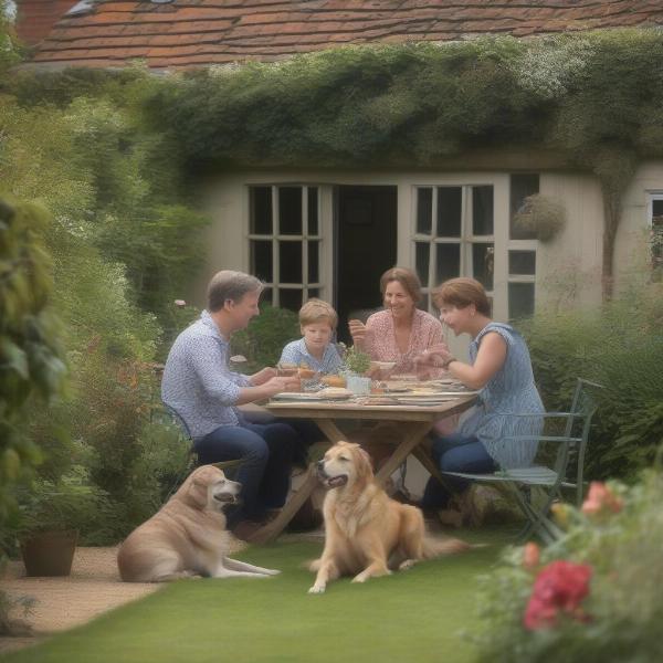 Family and dog relaxing in a Norfolk cottage garden