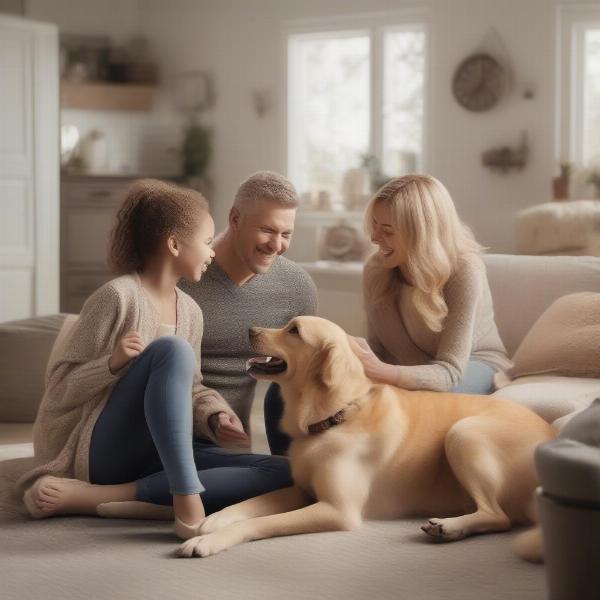 Family Playing with Blonde Dog