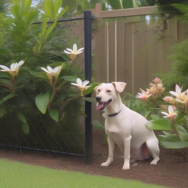 Fenced plumeria plants in a dog-safe garden