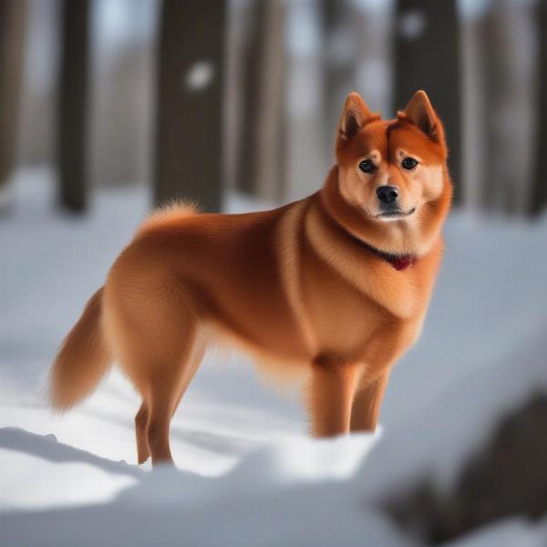 Finnish Spitz hunting in a forest