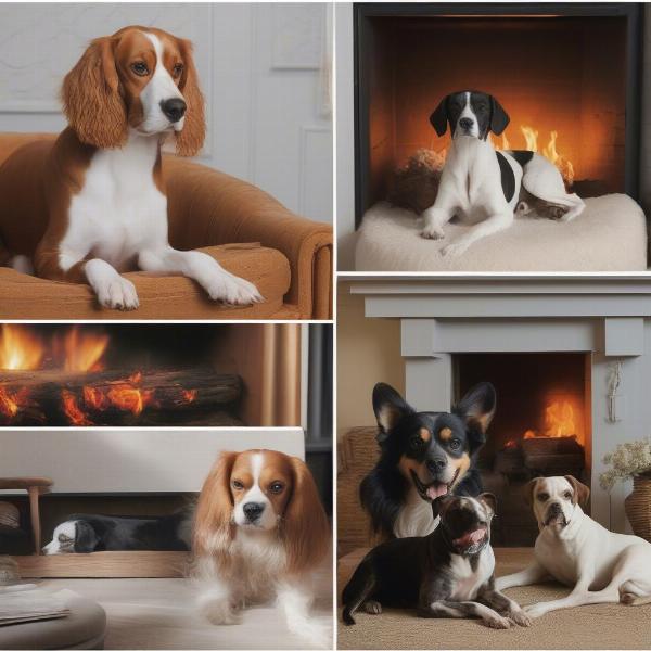 Dogs relaxing by the fireplace