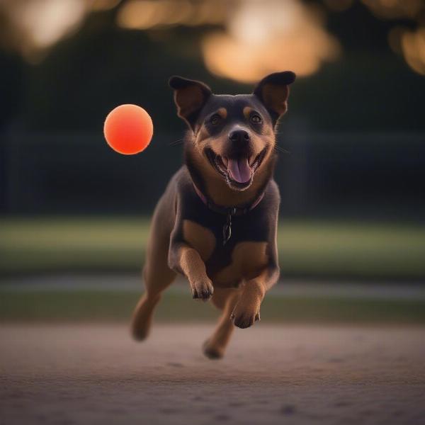 Dog Playing with Flashing Ball at Night