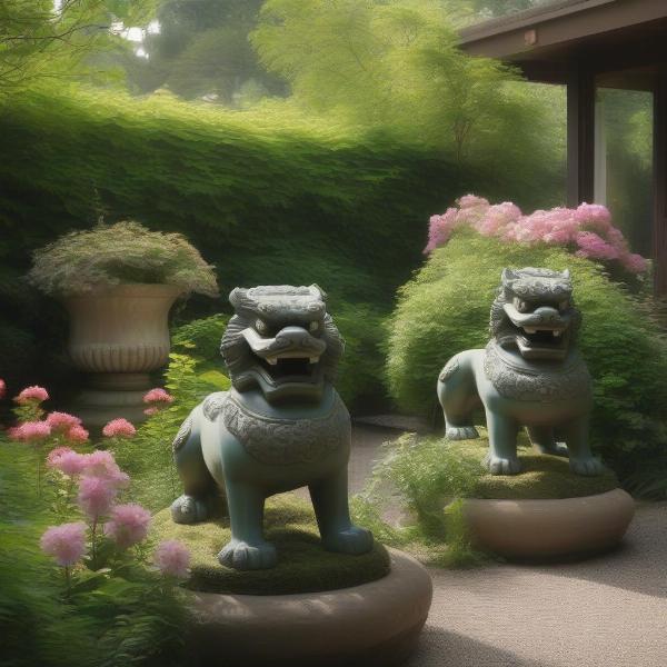 Foo dogs placed in a garden setting.