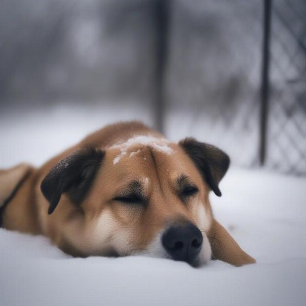 Freight dog resting in the snow after pulling a sled