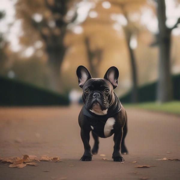 French Bulldog Wearing a Muzzle While Walking in the Park