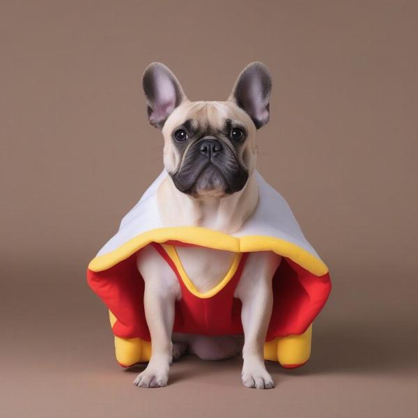 Frenchie in a hotdog costume