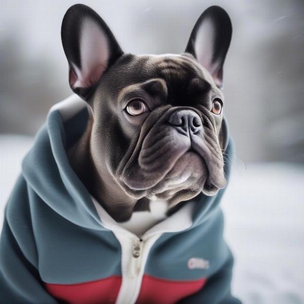 French Bulldog wearing a hoodie in the winter