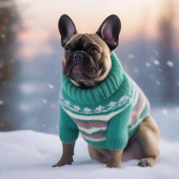 Frenchie wearing a sweater in cold weather