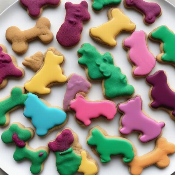 A plate of colorful frosted dog cookies.