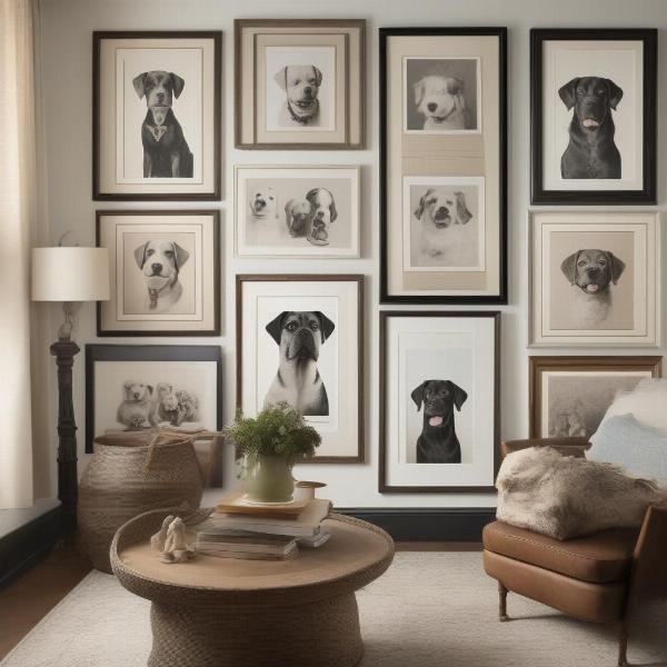 A gallery wall featuring a curated collection of vintage dog prints in different frames.