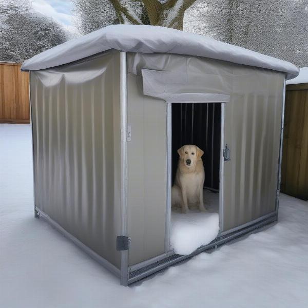 Galvanised steel dog kennel in winter with a cover