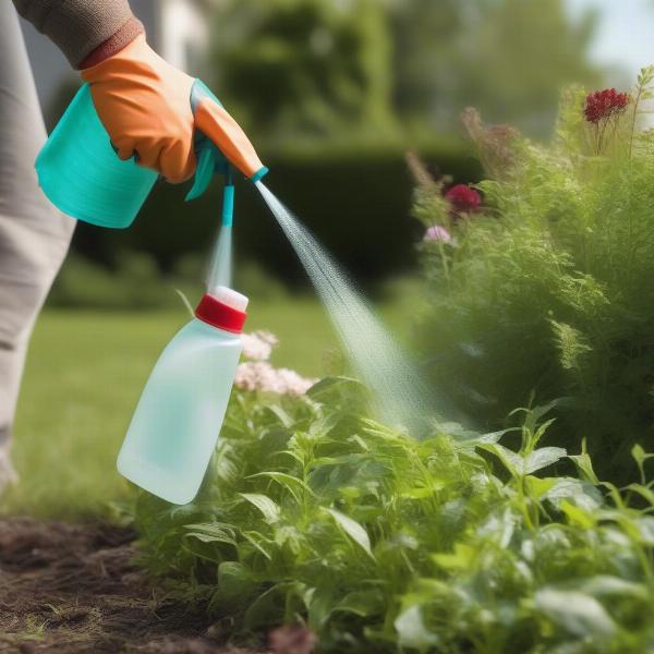 Gardener Applying Vinegar to Weeds