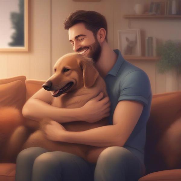 A gay man hugs his dog warmly