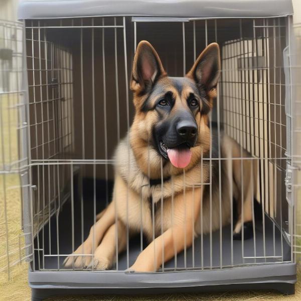 German Shepherd in a correctly sized dog cage