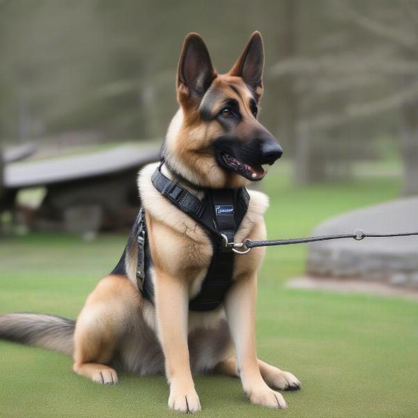 German Shepherd Wearing a Harness and Leash