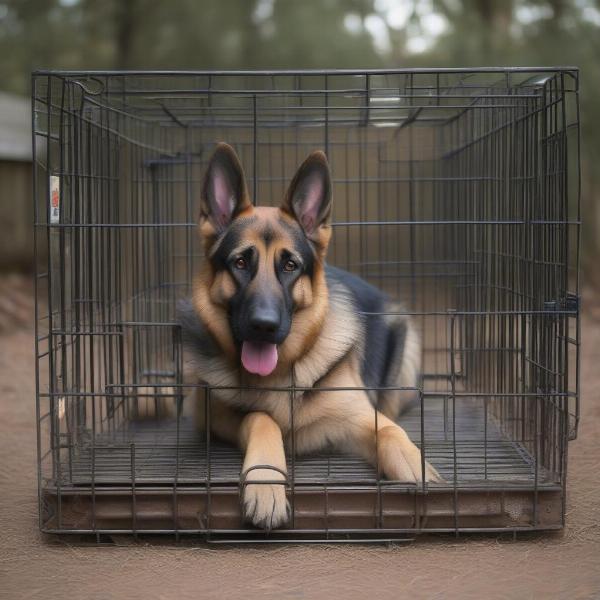 German Shepherd comfortably resting in a properly sized dog crate