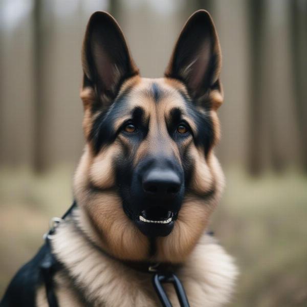 German Shepherd Dog Wearing a Muzzle