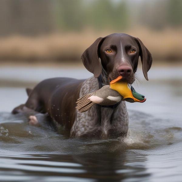 German Shorthaired Pointer retrieving a downed duck from the water