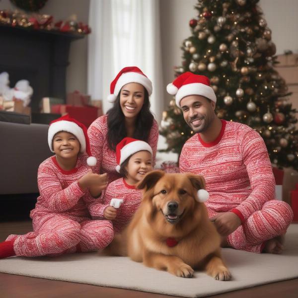 Family in matching Christmas pajamas with dog