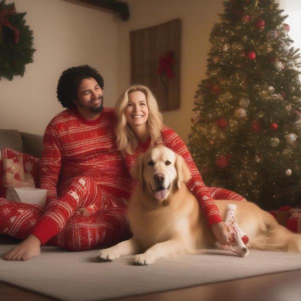 Family and dog wearing matching pajamas