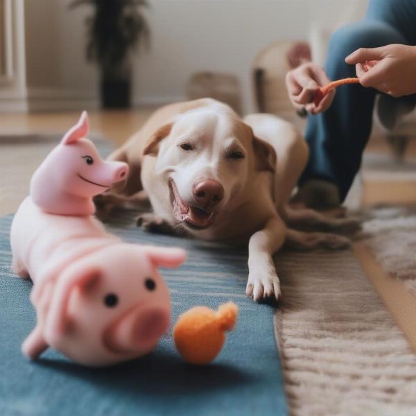 Supervising Dog Play with a Pig Toy